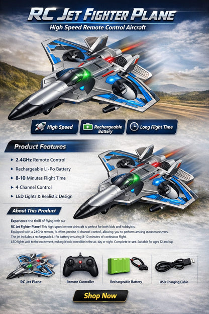 RC Jet Fighter Plane for Kids – LED Lights, Rechargeable High Speed Flying Toy