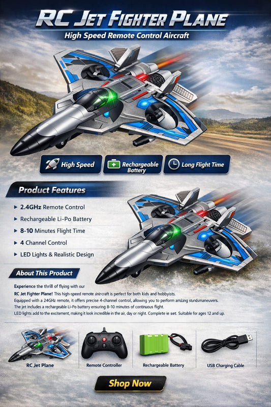 RC Jet Fighter Plane for Kids – LED Lights, Rechargeable High Speed Flying Toy